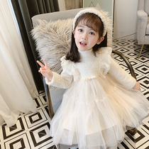 Children winter princess dress 2021 girls plus velvet skirt baby new mesh dress children long sleeve thick