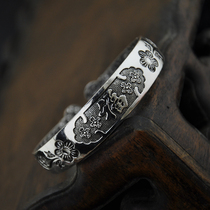 Classic retro carved blessing character flower round head opening Miao Tai silver bracelet National style open men and women silver ornaments