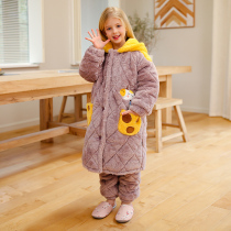 Girls Coral Velvet Triple Layer Padded Pajamas Children Flannel Plus Velvet Home Clothes Set Girls Autumn and Winter