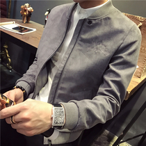 Mens autumn and winter plus velvet Korean suede jacket baseball collar youth casual warm top slim deerskin jacket