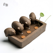 Jiahe pig drinking water food trough carving creative handmade Yixing four pigs tea play tea pet tea tray tea set decoration