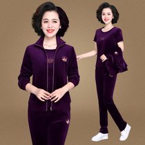 Golden Velvet Sports Suit Woman Spring Autumn Big Code Mom Velvet Sweater Three Sets for Old Age Leisure Hiking Jacket