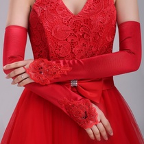 Bride Red Gloves Bride Gloves Long Autumn and Winter Wedding Dress Accessories Fingerless Exhibit Embroidery Lace