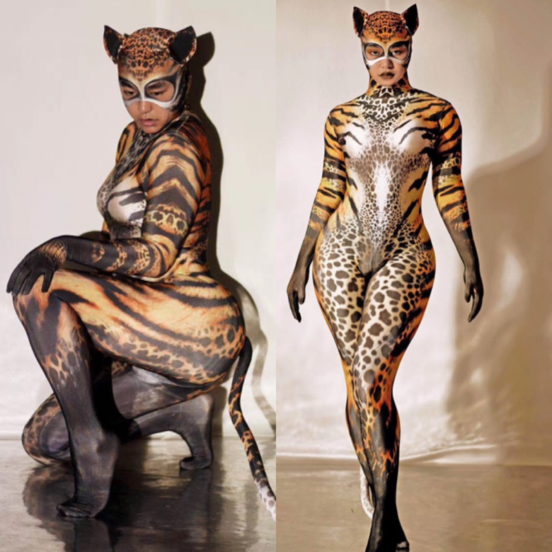Halloween Party Tiger Leopard Catwoman Animal Cosplay Bar Ds Lead Dancer Team Gogo One-Piece Performance Costume