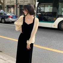 Velvet dress womens autumn long sleeve French retro temperament waist slim square collar bubble sleeve long spring dress