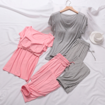 Modal with chest pad pajamas womens 2021 new summer two-piece home suit suit short-sleeved thin can be worn outside