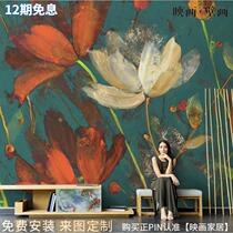Nordic hand-painted retro flower oil painting living room TV background wallpaper seamless sofa bedroom wallpaper mural wall cloth