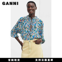 (official net spot) Ganni womens clothing spring 2022 new pleat printed middle sleeve Joe its yarn shirt crumbled