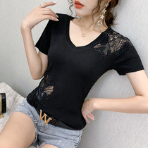 Hong Kong 2020 Korean lace slim slim slim underlay top top round neck short sleeve small shirt sexy foreign sex stretch T-shirt