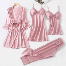 New spring and autumn sexy pajamas womens summer thin ice silk suspenders nightgown two-piece long sleeve sweet lace