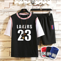 Teenagers summer short sleeve T-shirt men's trend loose round neck ball suit fake two sports basketball jersey number 23 suit