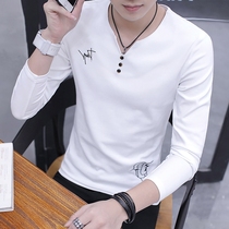 White T-shirt men long sleeve fashion brand 2021 Autumn New thin V collar base shirt trend casual round neck sweater men