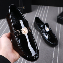 Black Lacquered Leather Bean Shoes Man Genuine Leather Summer Bright Leather Face Sloth Shoes One Foot Pedal Lefu Shoes Men Casual Leather Shoes