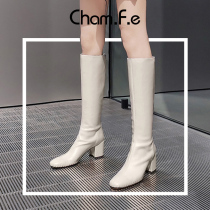 Autumn and winter high-heeled knight boots leather high boots womens thick-heeled knee-length boots square head off-white womens boots 319W