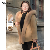 (Annual meeting shirt) Large size womens winter celebrity style fox fur collar hooded wool double-sided woolen jacket