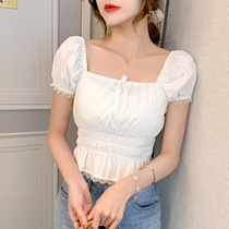 Bubble sleeve blouses woman 2021 Summer new French style short white lace square collar short sleeve shirt temperament Snow spinning