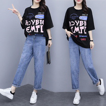 Large size womens summer fat mm loose cover meat slim set Foreign Air Age short sleeve T-shirt jeans two-piece set