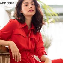 French niche red dress womens 2021 medium-length temperament Korean version of autumn small man can usually wear
