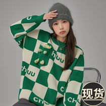ader checkerboard frog doll knitted sweater female design sense niche color matching letter cardigan outerwear jacket retro