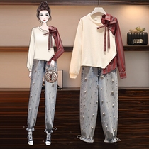 Big code Womens dress 2021 Spring new fat sister Conspicued Foreign Air Design Sensation Blouses Belly Jeans Two Sets