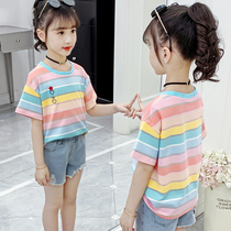 Girls  short-sleeved t-shirt 2021 new middle and large childrens Korean version of the fashion stripe half-sleeve foreign style childrens summer top tide
