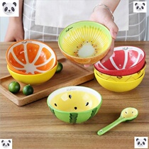 Hand drawn watermelon bowl Ceramic creative fruit bowl Cute household combination tableware Strawberry orange bowl Ceramic bowl bowl spoon