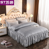 Korean bed skirt Crystal velvet three or four piece lace thick warm bedspread lace quilt cover autumn and winter