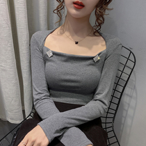 2020 Spring Autumn New Womens Dress Sexy Dew Collarbone Blouse T-shirt Woman Foreign Air Square Collar Inlaid Drill Undershirt Tide