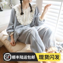 Pajamas women fall winter velvet plus velvet French padded coral sheep wool spring and autumn long sleeve palace princess style home clothing