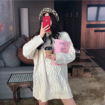 Lazy wind sweater womens loose solid color twist pullover outer wear wild autumn and winter Hong Kong flavor Korean version of the medium-length sweater