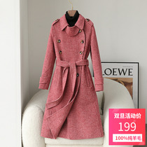 Double-sided woolen coat womens 2022 autumn and winter new Hepburn style cashmere-free woolen coat womens mid-length