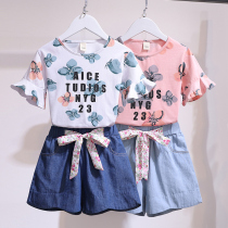 Girls Net red suit foreign fashion fashion summer short sleeve T-shirt summer Korean version of the children denim shorts two-piece