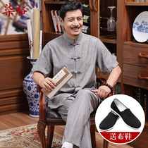 Tang suit male middle-aged father summer cotton linen short-sleeved old man clothes retro grandfather linen Hanfu mens suit