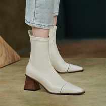 Fan-style small short boot female winter square head thin boots spring autumn single boot rice white coarse heel high heel genuine leather elastic boots