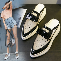 European station bow bag head slippers women wear fashion wild leather Net red heel mesh half womens shoes