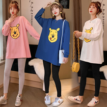 2020 pregnant women Spring long sleeve T-shirt plus fat plus size 200 Jin set loose top dress belly pants