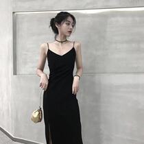 One-piece dress lady summer 2021 spring style black pendant with small black dress v collar sexy long dress Herbene hitch bottom