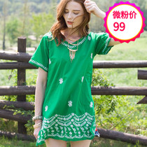 Indian Imported Pure Cotton Pure Handmade Embroidery Short Ethnic Wind Female Blouse Short Sleeve Spring Summer Style Green