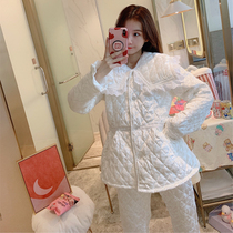 Korean Version Winter Triple Clip Cotton Gold Silk Pyjamas Cotton Padded Jacket Gold Drill Coral Suede Thickened Warm Princess Wind Home Dress