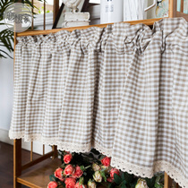 Small curtain short window exempt from punching small windows American field Countryside Rice Cafe plaid kitchen semi-curtain cabinet cord fabric curtain