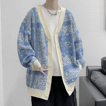 Cashew Flower sweater mens Tide brand ins spring and autumn loose knitted cardigan jacket lazy style Korean version of Jersey handsome coat