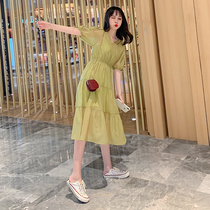 Avocado green dress 2021 new womens summer sweet water green matcha green temperament chiffon dress super fairy