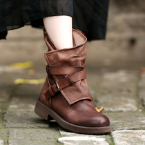 Detoxification home wild without cover up leather short boots womens boots mid-tube leather low-heeled retro plus velvet winter womens boots