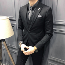 Hong Kong Tide Card Casual Stripes West Suit Three Sets Mens Korean Version Sashimi Youth Mens Clothing Inglust Suit Suit Suit