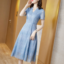 Noble mother dress summer woman 40-year-old fashion temperament short sleeve knee elegant lace skirt Young