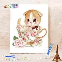 Yi Zhuo digital oil painting diy Primary school cartoon animal Modern simple bedroom living room decorative painting Teacup cat