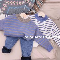 2021 autumn new boy striped sweater thickened childrens round neck base shirt baby Korean version of foreign style knit sweater