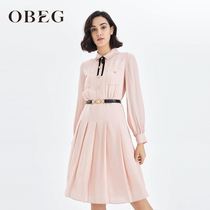 OBEG eBieqian 2022 spring and summer new mulberry silk temperamental skirt hem pleats cashew cashew dress 10423077