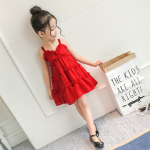 Girls dress for dress and summer clothes 2022 new children Summer hanging band Skirt Girl Foreign Air Red Beach Princess Dresses