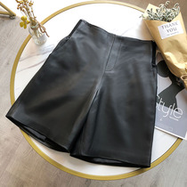 2020 new black leather shorts womens high waist slim loose a word five wide leg boots pants wear sheep leather